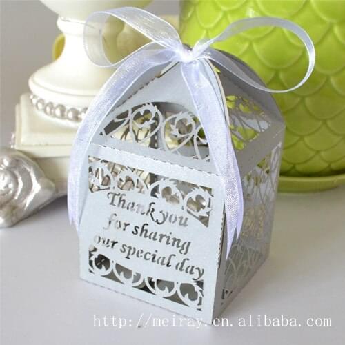 Filigree favor box, silver wedding favor box, laser cut wedding favor box with white ribbons