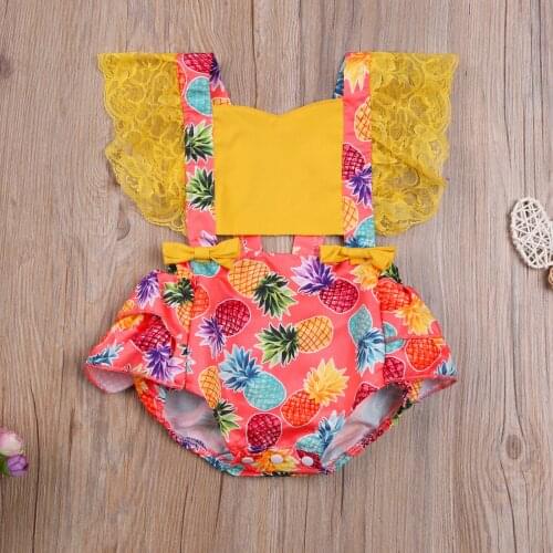 0-18M Summer Baby Girls Cartoon Pineapple Print Romper Lace Flying Sleeve Bow Casual Jumpsuit Playsuit