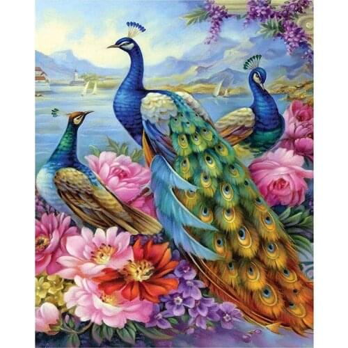Round Diamond Full Diamond Diamond Painting Set Living Room Dining Room Decoration Painting Peacock and Flower