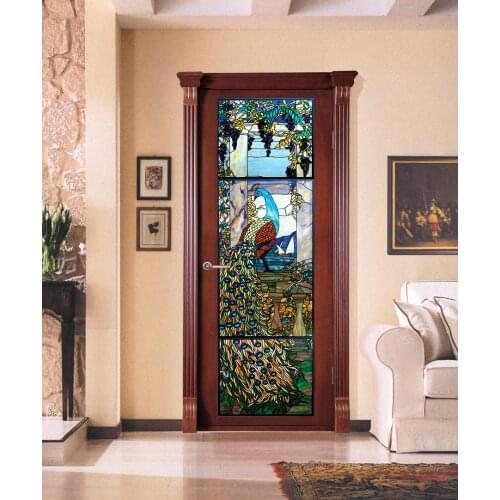 3D Customized Stained Glass Peacock Door Mural Wallpaper mural Wall Print Decal Wall Mural Photo self adhesive door wrap