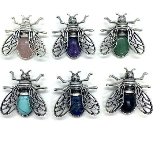 Natural Stone Amethyst Turquoise Pink Crystal Agate Bee Shape Pendant Handmade Jewelry Making Necklace Pendant Metal Inlay
