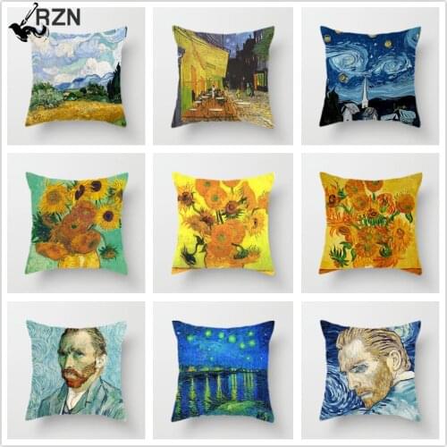 Van Gogh Oil Painting Cushion Cover Sofa Home Decorative Pillow Covers Sunflower Self-portrait Starry Sky Print Pillowcase