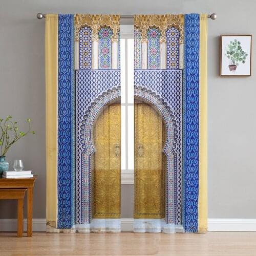 Palace Gate Moroccan Door Sheer Curtains for Living Room Bedroom Kitchen Tulle for Windows Voile Yarn Curtains for Bedroom
