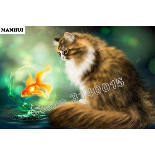 Needlework Diamond Embroidery Animal Cat and goldfish Diy Diamond Painting Cross Stitch Oil Painting Home Decoration BFC134