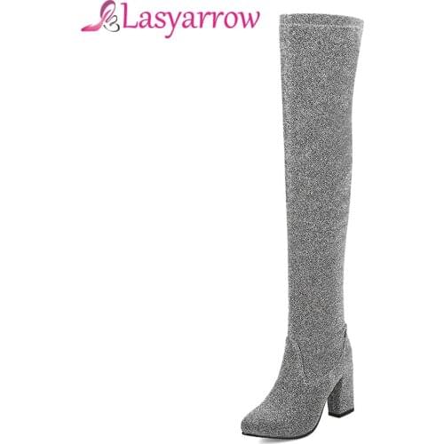Lasyarrow Thick High Heels Pointed Toe Thigh High Long Boots Sexy Bling Bling Party Shoes Stretch Over The Knee High Boots Woman