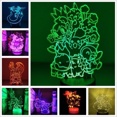 Pokemon LED Night Light Pikachu Eevee Gengar Mewtwo Charizard Marowak Slowbro 3D Lamp Cute Game Lampara Lampe Home Decoration