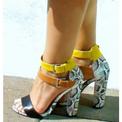 Luxurious Ankle Strap Buckle Pumps sexy Open Toe Sandals shoes woman snakeskin elegant patchwork Chunky High Heel Summer Sandals