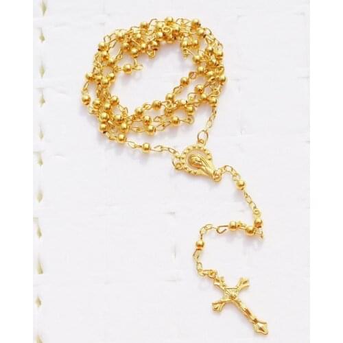 Packed In Cross Box 4mm Golden Rosary Bead Necklace Cross Crucifix Pendant Necklace Catholic Fashion Religious Jewelry