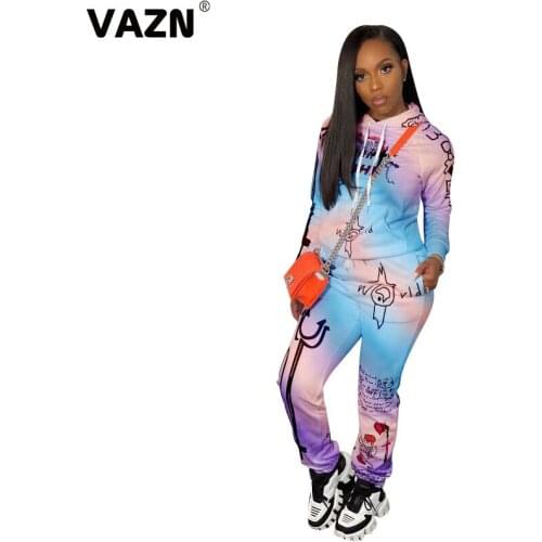 VAZN 2021 Special Sexy O-neck Two Piece Set Loose Colorful Print 2 Piece Set Women Long Sleeve Top And Pant Autumn