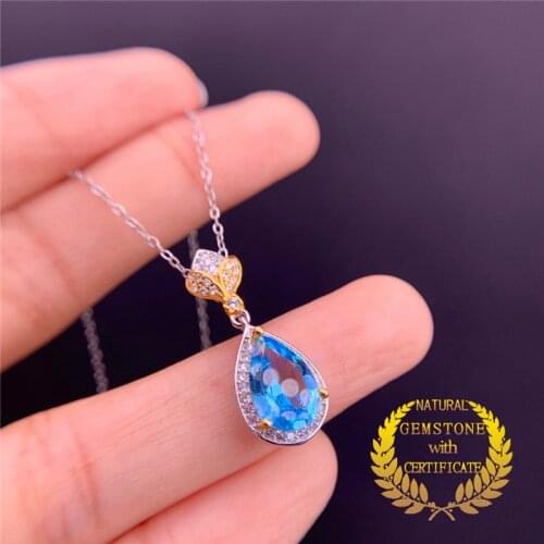 WEAINY Natural Topaz Pendant, S925 Sterling Silver Blue Gemstone Necklace,Water Drop Pendant,Dainty Pendant for Woman