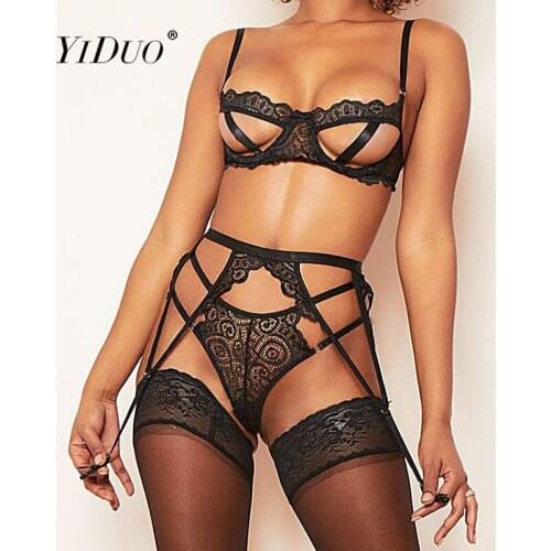 YiDuo Woman Sexy Black Lace Lingerie Set Cut Out 3 Piece Transparent Push Up Underwire Bra + Thong Sexy Underwear Set