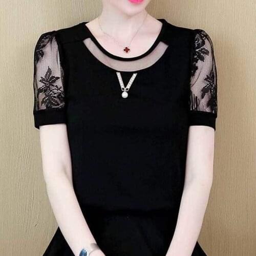 Short Sleeve Women Summer Lace Blouses Shirts O-Neck Splicing Chiffon Solid Color All-Match Style Lady Blusas TopsDM0072