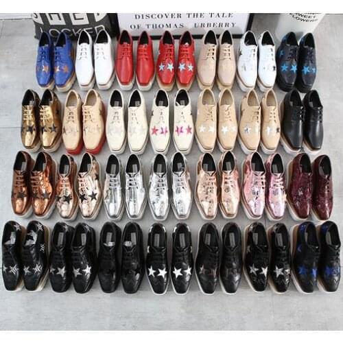 Lady platform shoes genuine leather wedge square Fashion Toe Thick Brogue Vintage height increasing star Casual Shoes