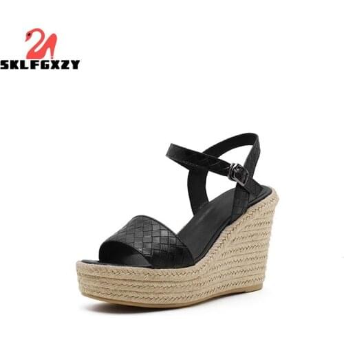 SKLFGXZY Genuine Leather Women Sandals Luxury Women Shoes 12cm High Heel Sandal Wedges Shoes Women Back Strap Open Toe Shoes