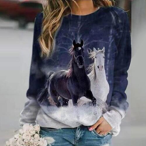 40# Vintage T-shirts Women Plus Size O-neck 3d Horse Printing Splicing Long Sleeves Casual T-shirt Pullover Top Женские Футболки