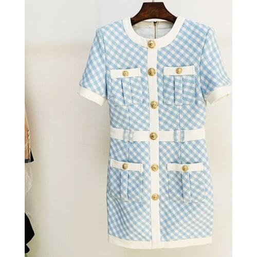 HIGH QUALITY Newest Fashion 2021 Fall Winter Designer Womens Short Sleeve Lion Buttons Color Block Plaid Tweed Dress wholesale