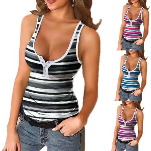 2021 Summer Tank Tops Round Neck Button Stripe Printed Slim Vest Casual Fashion Women Sexy Pullover Tops Printed Tight Vest