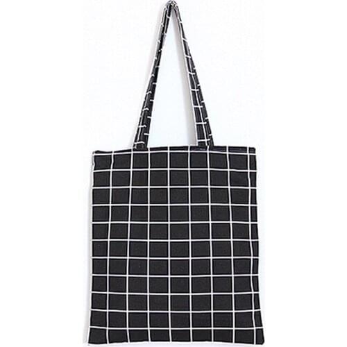 8PCS / LOT Environmental Canvas Women Cotton Hemp Linen Shopper Bag Folding Simple Plaid Student Shoulder Bag