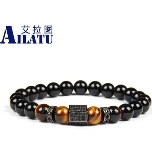 Ailatu Luxury Bracelet Micro Pave Black Cz Hexagon Beaded Bracelet 8mm Natural Black Onyx & Tiger Eye Stone