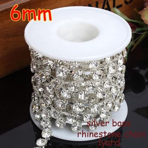 Free shipping 6MM 1 yard AAA-Grade Crystal Clear Round Glass Rhinestone Cup Chain Silver Base