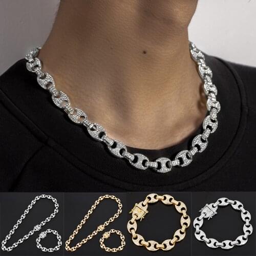 1kit Bling Multicolor Coffee Bean Iced Out CZ Pig Nose Rhinestone Charm Link Chain Necklaces & Bracelet For Men Jewelry A Set