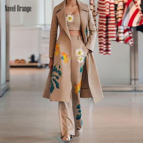 Women Long Windbreaker 3PCS Suits Turn-Down Collar Full Sleeve Over Coat Tank Top Wide Leg Pants Sets Slim Printing Streetwear