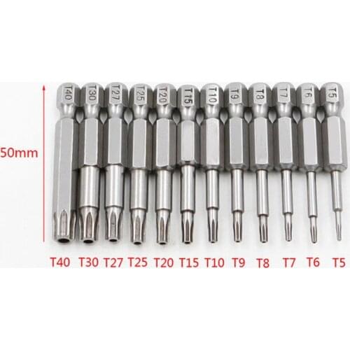 Fixmee 12 pcs 12 Sizes 1/4 Inch 50mm T5-T40 Torx Head Screwdriver Bits Magnetic Set for