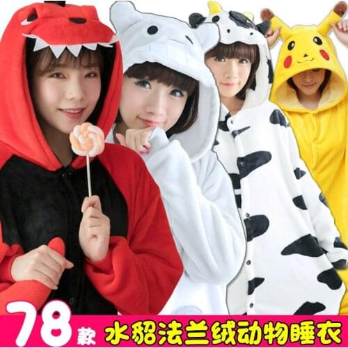 Flannel Knitted One-Piece Pajamas Cartoon Animal Men Women Winter Sleepwear Wholesale Thicken Velvet Adults Couple Pajamas set