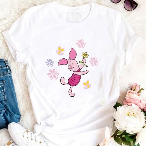 Piglet Cute Disney Cartoon Printed Women T Shirts White Round Neck Summer Short Sleeve Girl Lady T-shirt Harajuku Women Clothes