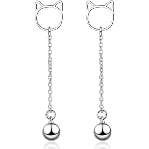 KOFSAC New Charm 925 Silver Earrings For Women Simple Cute Cat Head Long Chain Bell Earring Girl Anniversary Party Jewelry Gifts