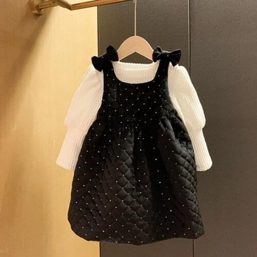 DFXD Kids Girls Sets Autumn Winter Puff Sleeve Square Collar Knitted Bottoming Shirt+Bow Vest Dress Two Piece Princess Set 2-7Y