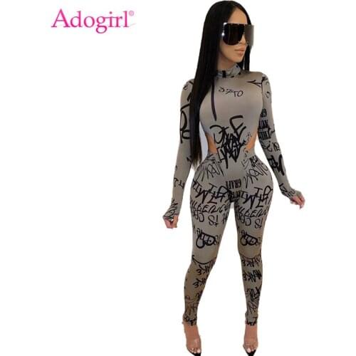 Adogirl Letters Print Women Two Piece Set Mock Neck Long Finger Sleeve Bodysuit Top Pencil Pants Fashion Tracksuit Sexy Suits