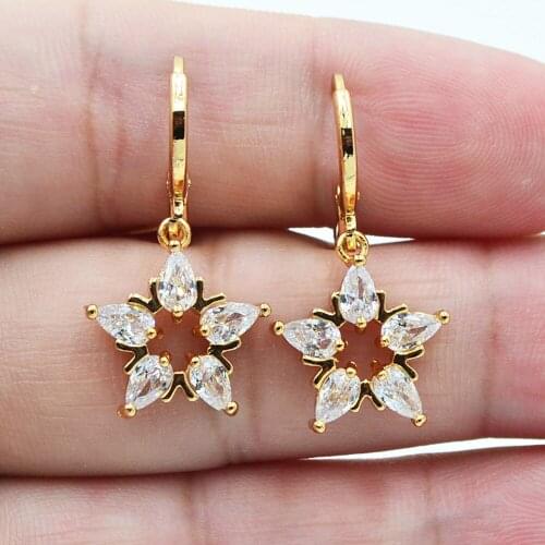 Fashion Women Gold Color Clear White Zirconia CZ Stars Dangle Earrings Jewelry