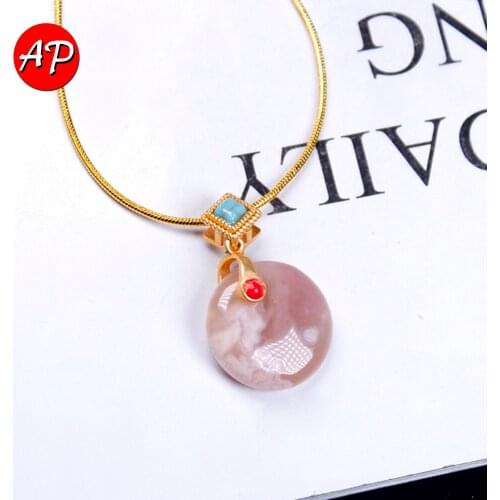 Natural Quartz Sakura Agate Stone Necklace Circular Shaped Crystal Pendants for Jewelry Making DIY Accessories Women Gift