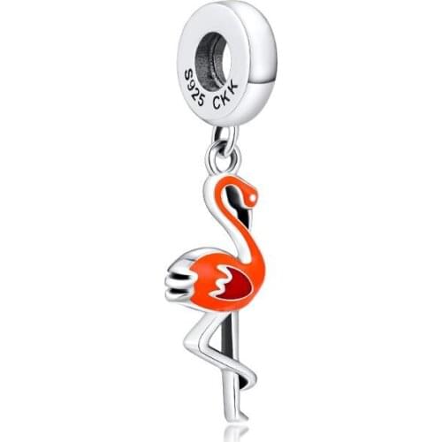 CKK 925 Sterling Silver Orange Flamingo Dangle Charm,Orange Enamel Fits Bracelet Necklace Pendant for DIY Jewelry Making Gift