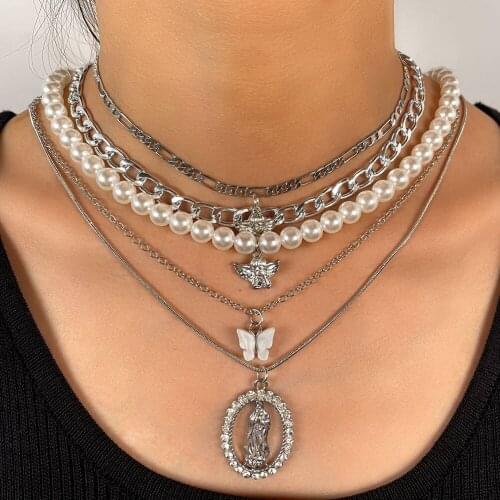 Trendy White Imitation Pearl Beads Choker Silver Color Multilayer Angel Portrait Charms Metal Chain Necklaces For Women Jewelry