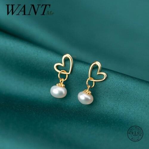 WANTME Sweet Romantic Love Heart Baroque Natural Pearl Stud Earrings for Women Genuine 925 Sterling Silver Birthday Jewelry Gift