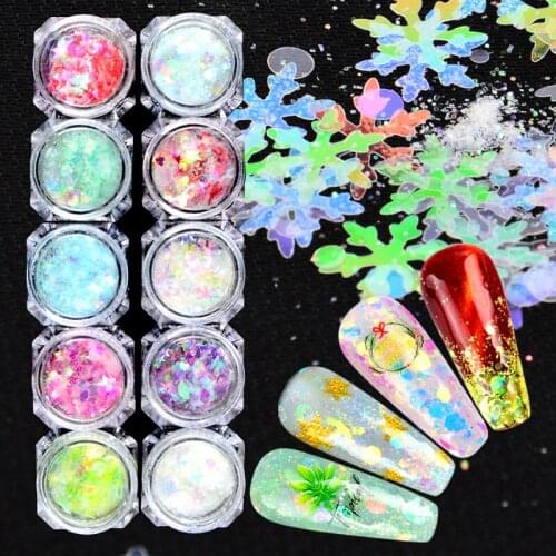 WUF 1PC AB Color Nail Glitter Flakes Mermaid Chameleon Sequins Powder Irregular Star Heart Round Snowflake Nail Art Decoration