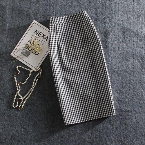 Women Pencil Skirt Korean Style High Waist Chic Stitching Skirts Summer Black White Plaid Mid Skirt Office Lady Large Size Skirt