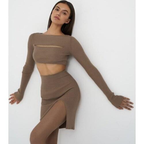 Rib Knit Sexy High Slit Short Skirt Womens Two-piece Solid Color Hollow Vest Short Sexy Top Party Slit Skirt