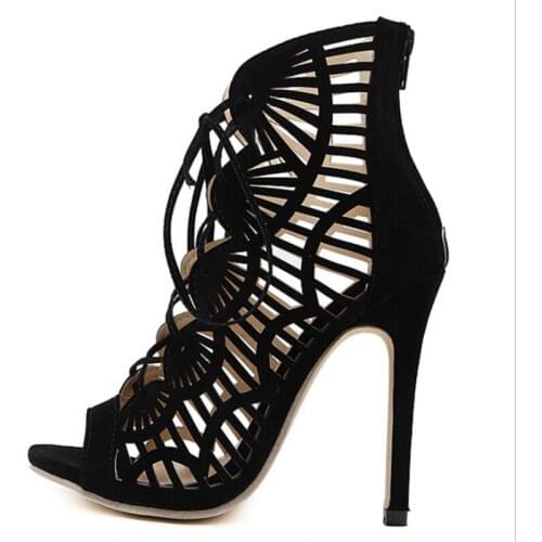 Women sandals Flock Lace Up 12cm Thin Heels High heels Peep Toe Cover Heel women shoes sandalias mujer 2020