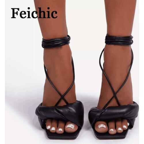 FeichicNew womens stiletto sandals with a word strap fish mouth gram color summer fashion strappy sapatos femininosouter shoes