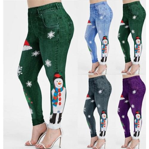 Faux Jeans Womens High Waist Leggings Girl Winter Legging Bottoms Snowflake Christmas Print Fitness Female Stretch Pocket Pants