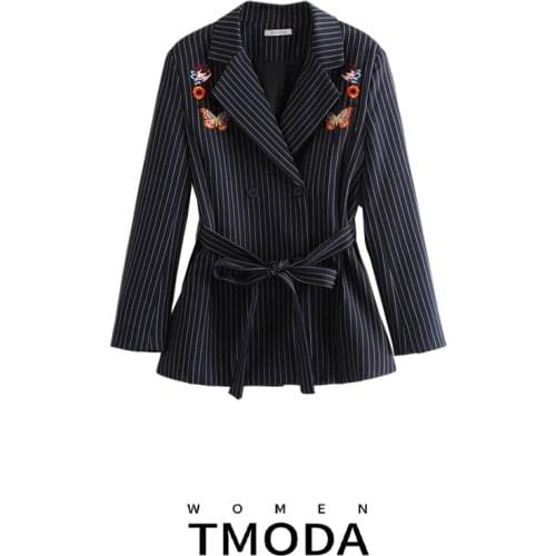 TMODA755 Embroidery Striped Elegant Blazer Women 2021 Spring Slim Double Breasted Women Blazers Jackets Coat Tops