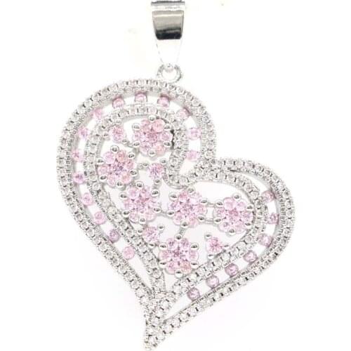 42x29mm SheCrown Luxury Big Heart 4.2g Created Pink Kunzite White Sapphire CZ For Ladies Daily Wear Silver Pendant