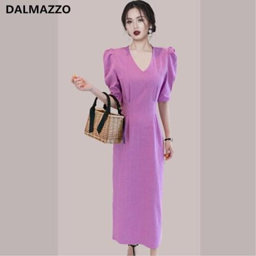Fashion Elegant Women V Neck Puff Sleeve Split Long Dress 2021 New Summer Ladies Professional OL Temperament Vestidos Female XL