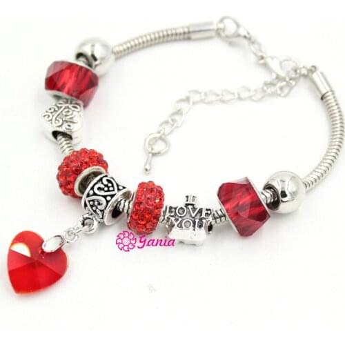 10PCS/Lot Fashion Jewelry Bracelet Red Crystal Beads I Love You Love Heart Charm Bracelets for Women Valentine Gift Jewelry