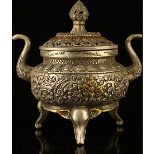 7" Chinese old antique bronze silvering gilt gold Auspicious elephant statue