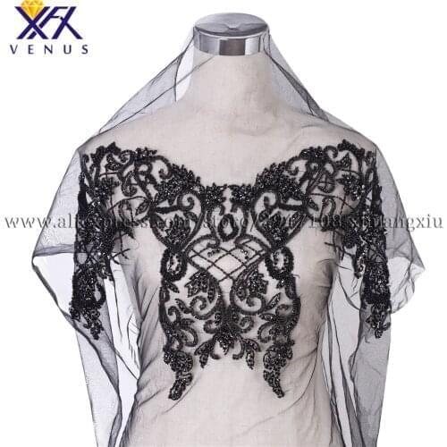 XFX VENUS pretty formal dress black beaded bodice black mesh rhinestone applique embroidery patches DIY sewing fabric clothing