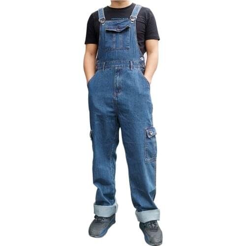 Oversized Size 28-50 Loose Jeans Men Overalls Bib Denim Jumpsuits Straight Workwear Multi Pocket Wide Leg Pants Blue Trousers